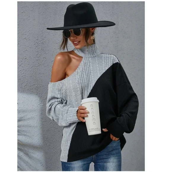 Colorblock Grey and Black Long Sleeve Tee Shirt Rib Knit Cut Out One Shoulder - Picture 5 of 9